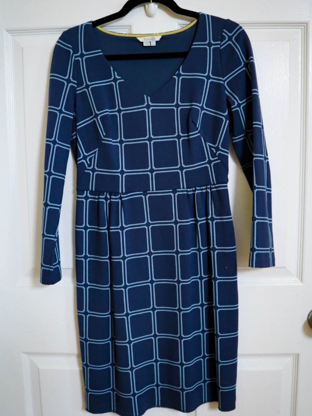 Boden Eliza Dress Blue Ponte Knit Jersey Long Sleeve V-Neck Lined Size 6P Knee